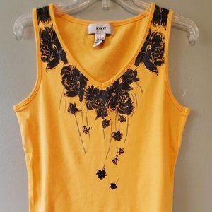 Tangerine Tank With Black Floral Neckine